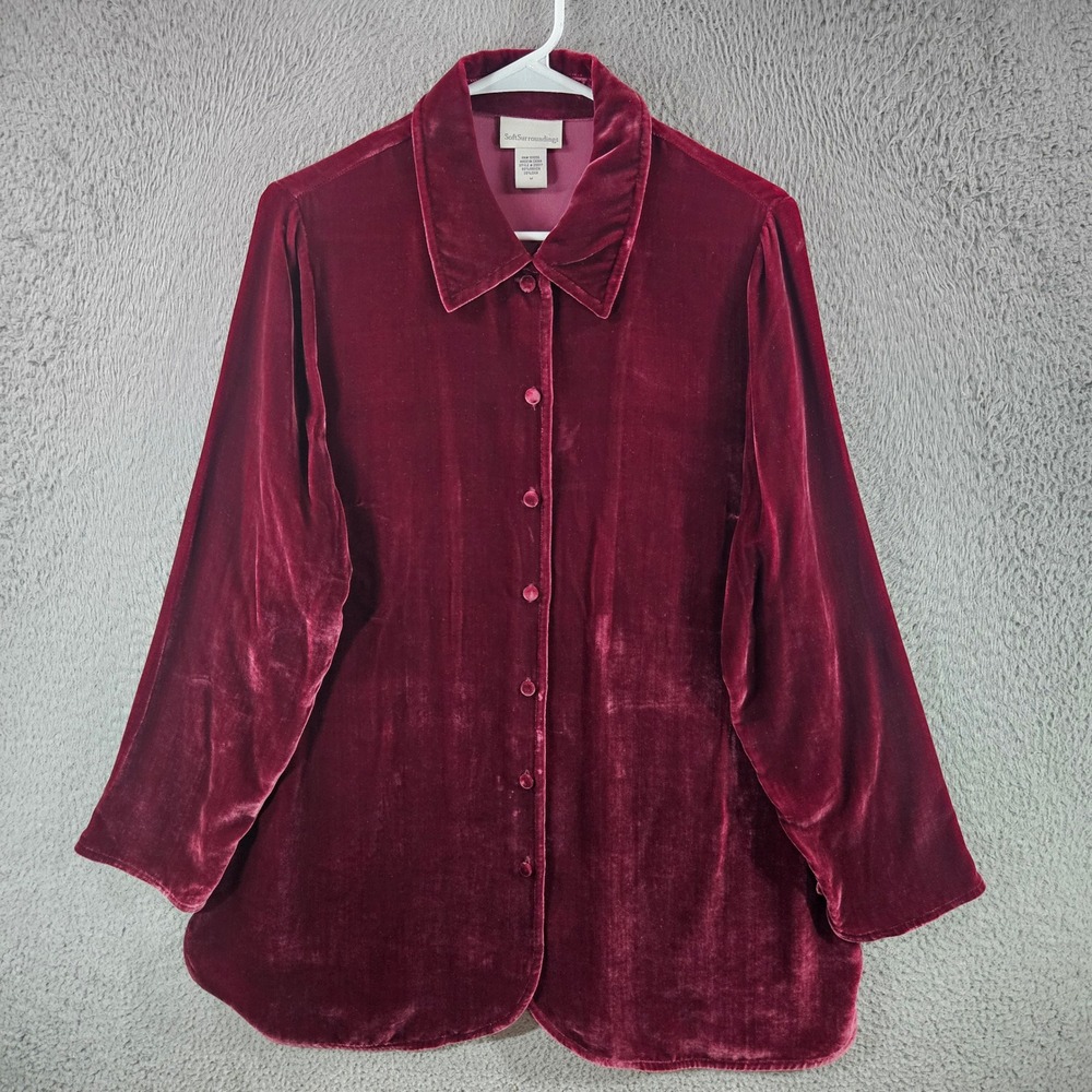 Soft Surroundings Burgundy Velvet Silk Blend Button Down Shirt Womens Size M